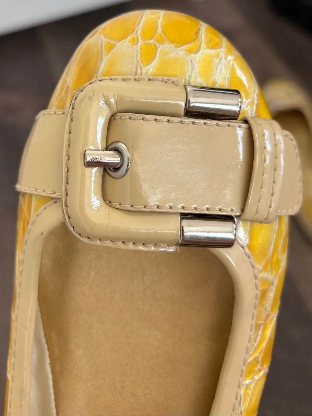 Antonio Melani Yellow Crocodile Leather Buckle Flats